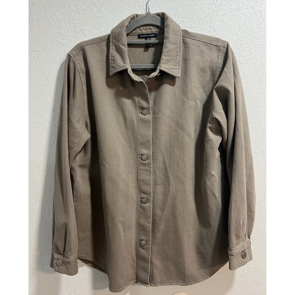 Eileen‎ Fisher Womens Shirt Jacket Gray Taupe Organic Cotton Oversize Size S